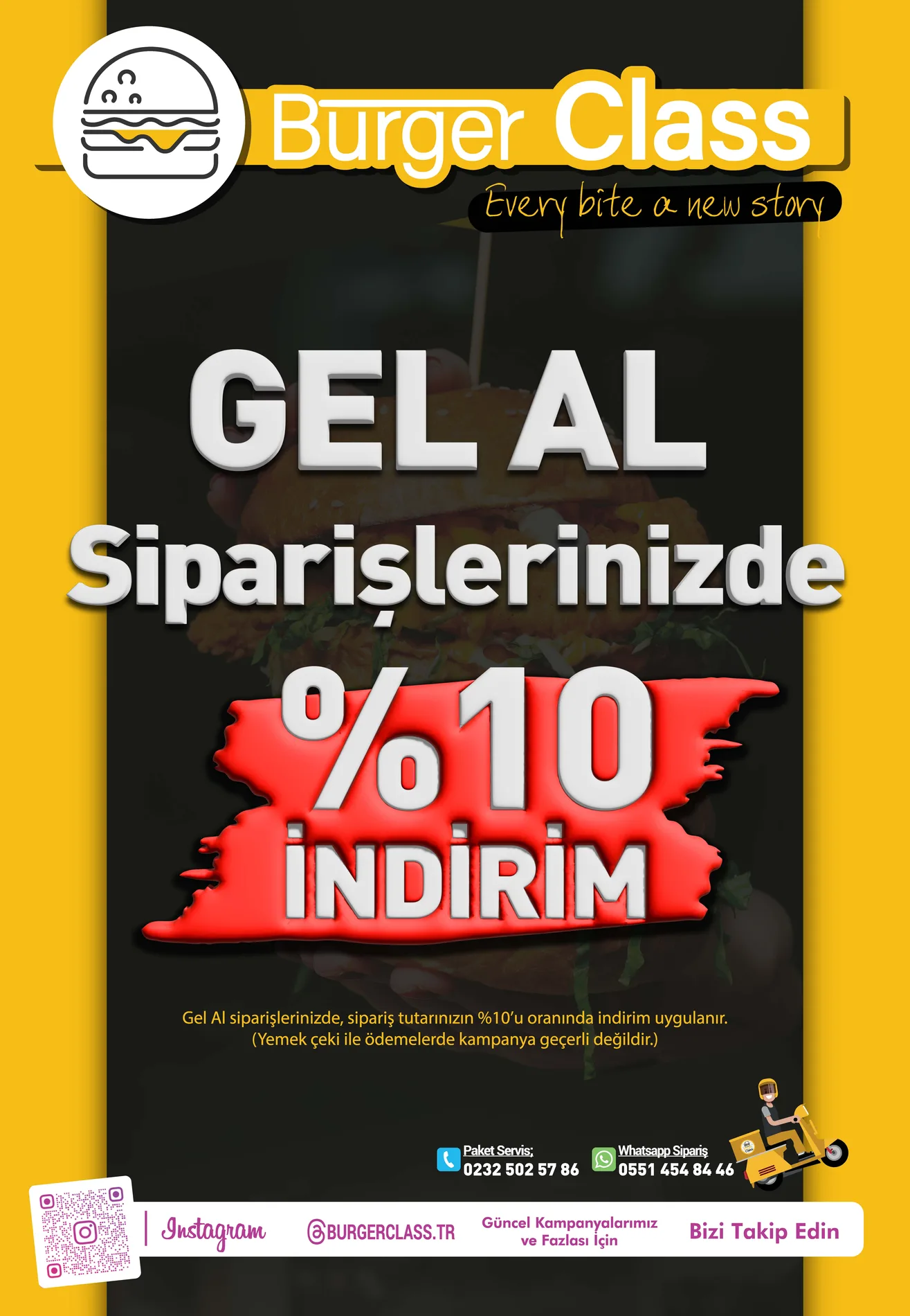 Burger Class gel-al siparişlerinde %10 indirim afişi