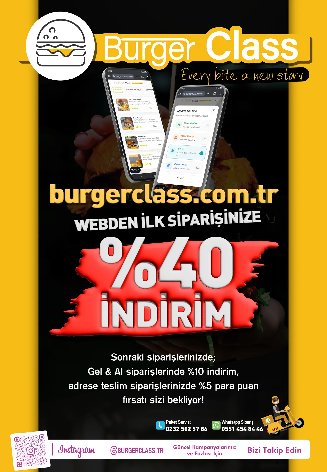 Burger Class web sitesinden ilk siparişe %40 indirim afişi