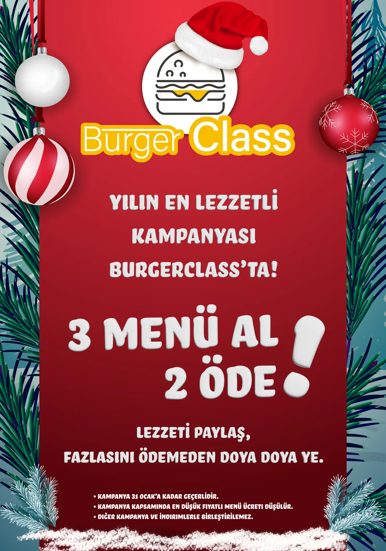 Burger Class yeni yıl 3 menü al 2 öde kampanya afişi