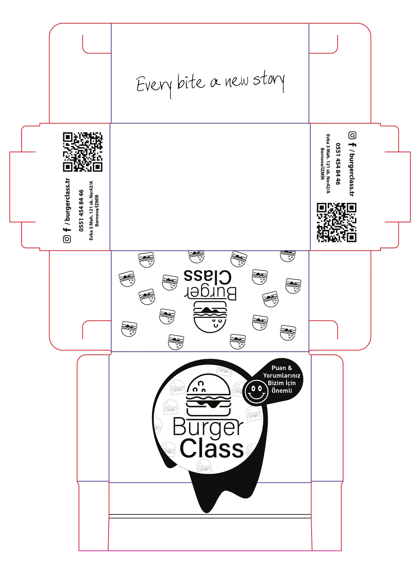 Burger Class ambalaj kutusu açılım (dieline) tasarımı