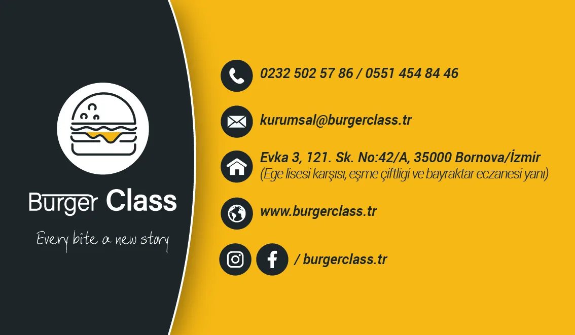 Burger Class kartvisit tasarımı, iletişim bilgileri olan arka yüz