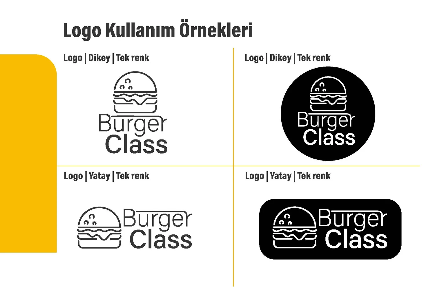 Burger Class logo kullanım örnekleri — tek renk varyantlar