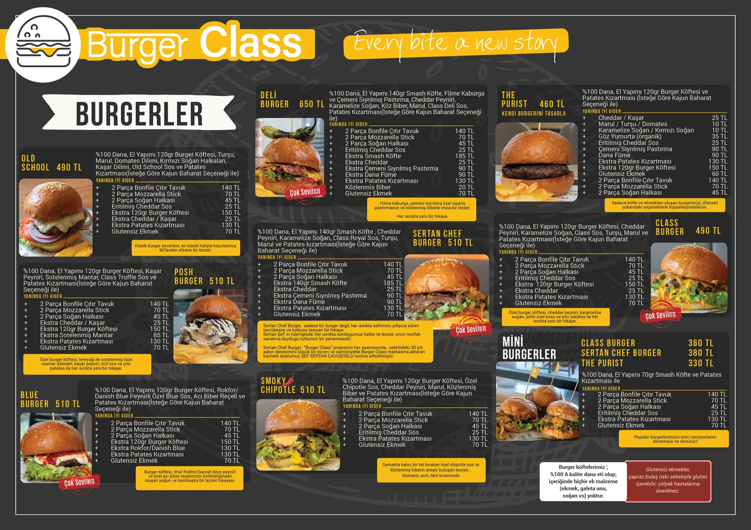 Burger Class ürün fotoğraflı menü tasarımı, sayfa 1