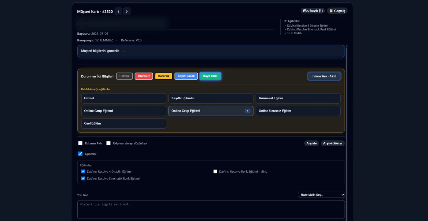 Cenk Kaptan CRM müşteri kartı detay ekranı