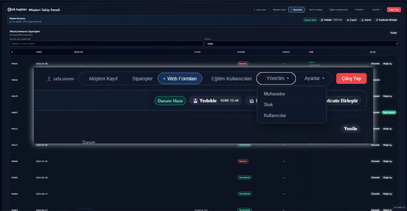 Cenk Kaptan CRM yönetim menüsü ekranı