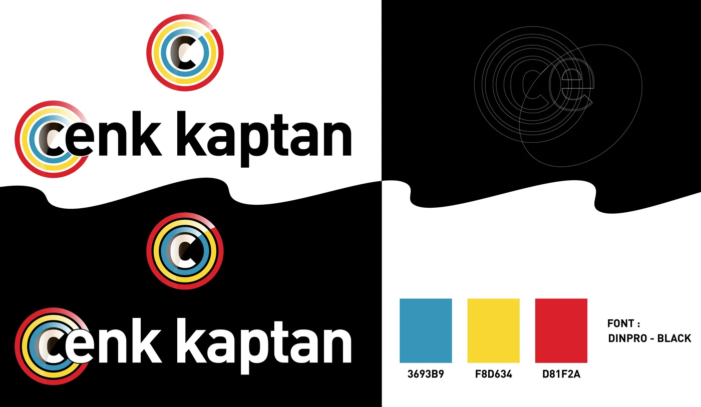 Cenk Kaptan logo varyantları, renk paleti ve font bilgilerini içeren kurumsal kimlik sayfası