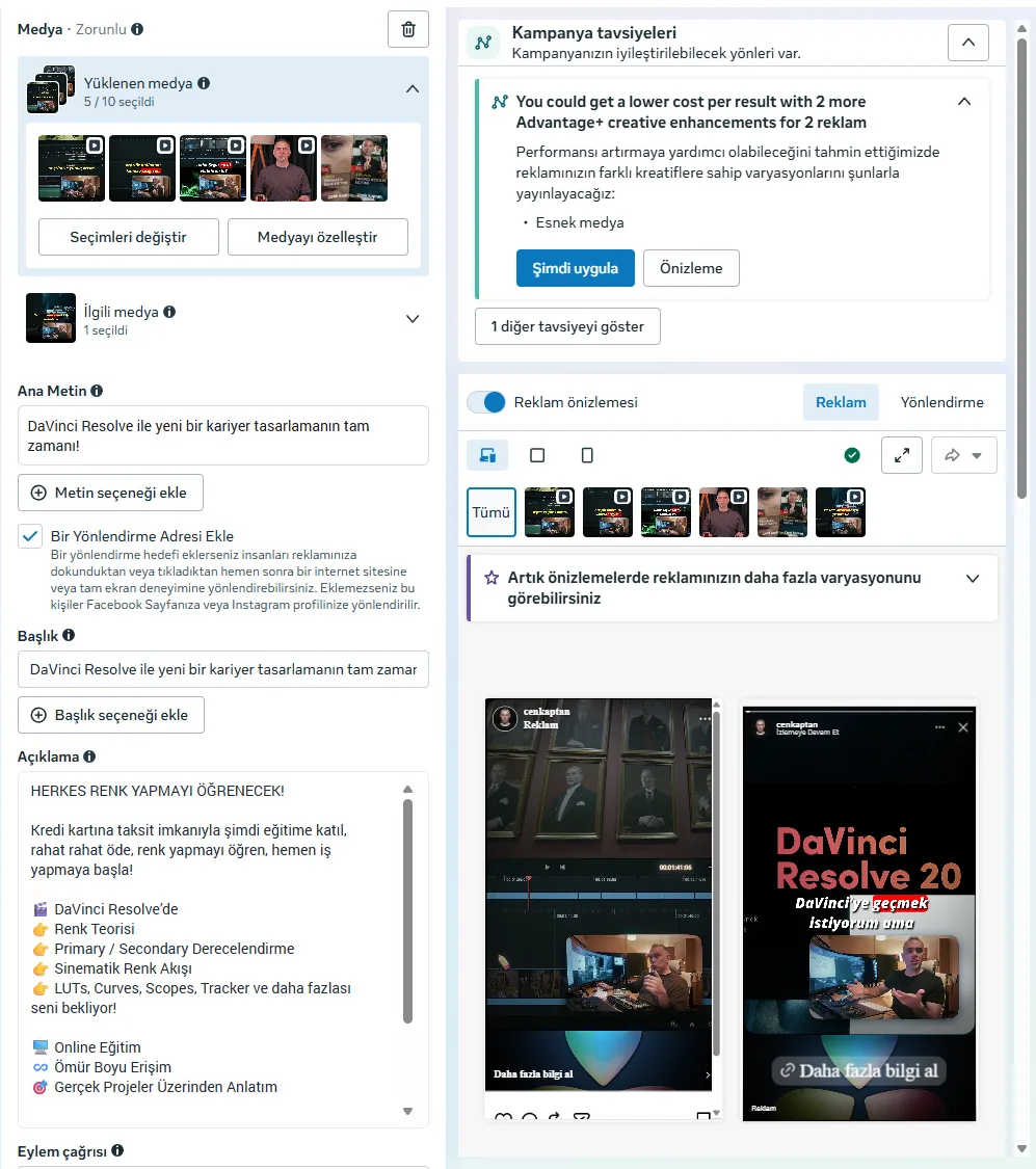 Cenk Kaptan Meta reklam yöneticisi kampanya kurulum ekran görüntüsü